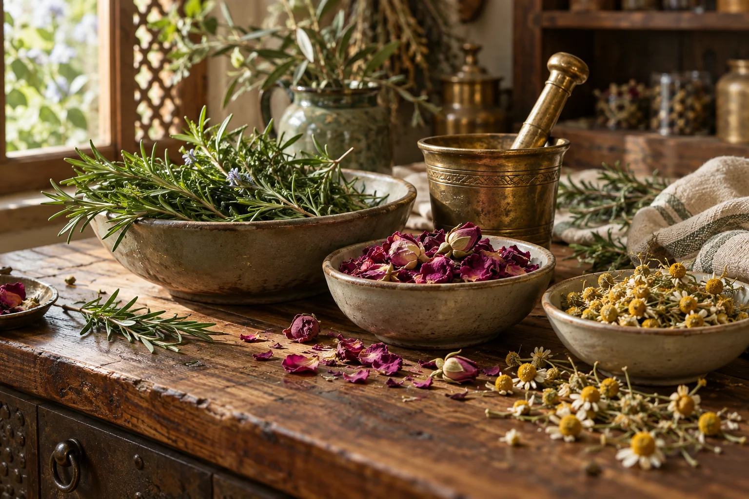 درباره مدرسی؛ تصویر تزئینی گیاهان و هاون عطاری