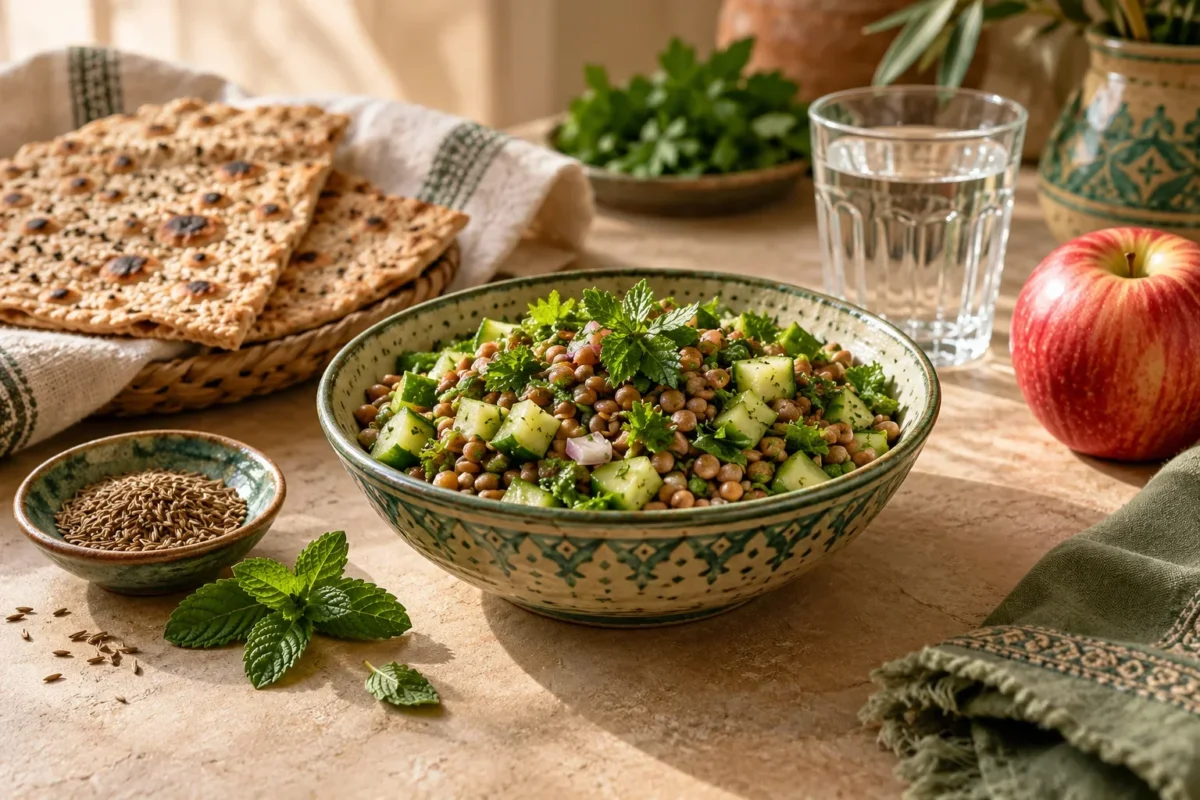 سالاد عدس و خیار، نان سبوس‌دار، سیب و آب در سفرهٔ تغذیه متعادل